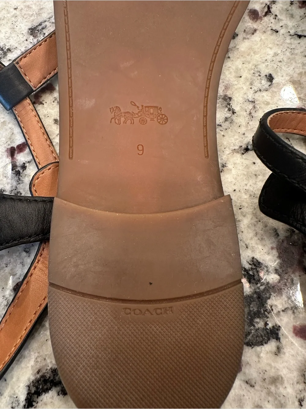 Coach Black T-Strap Leather Sandals with Tan Footbed